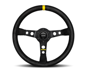 MOMO MOD07 350mm Black Suede Steering Wheel with Black Spokes and Stripe