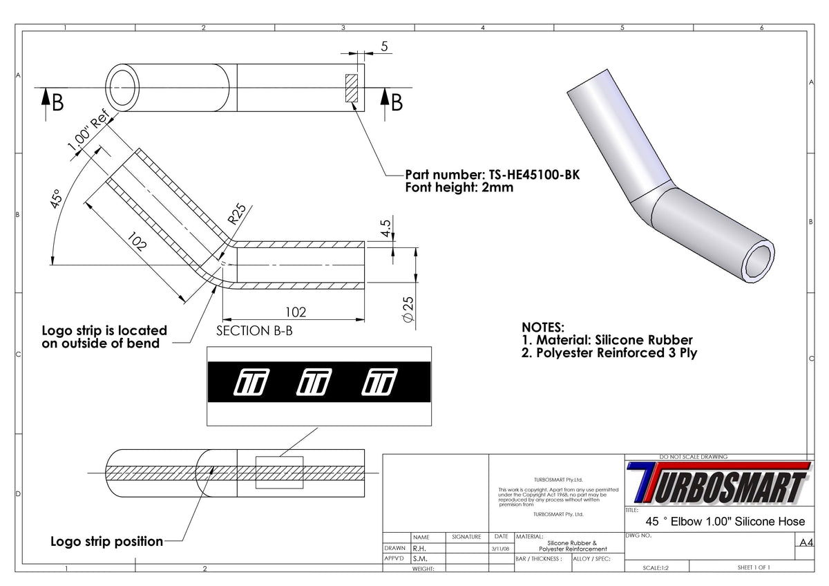 Turbosmart 45 Elbow 1.00 - Black Silicone Hose