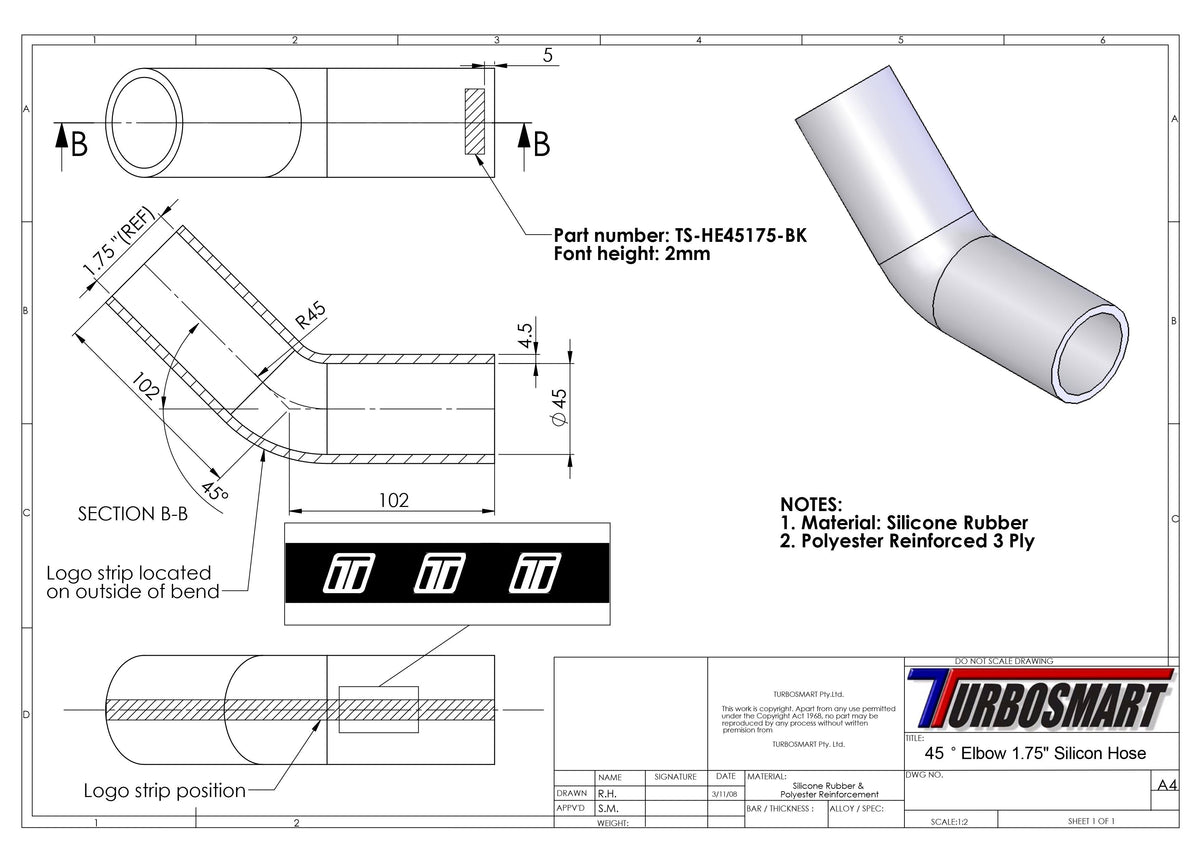 Turbosmart 45 Elbow 1.75 - Black Silicone Hose