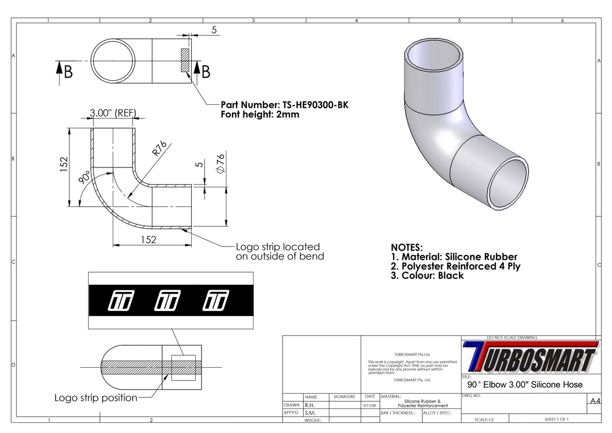 Turbosmart 90 Elbow 3.00 - Black Silicone Hose