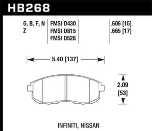 Hawk 03-04 G35/03-05 G35X/ 02-05 350z w/o Brembo HPS Street Front Brake Pads (HB268F.665)